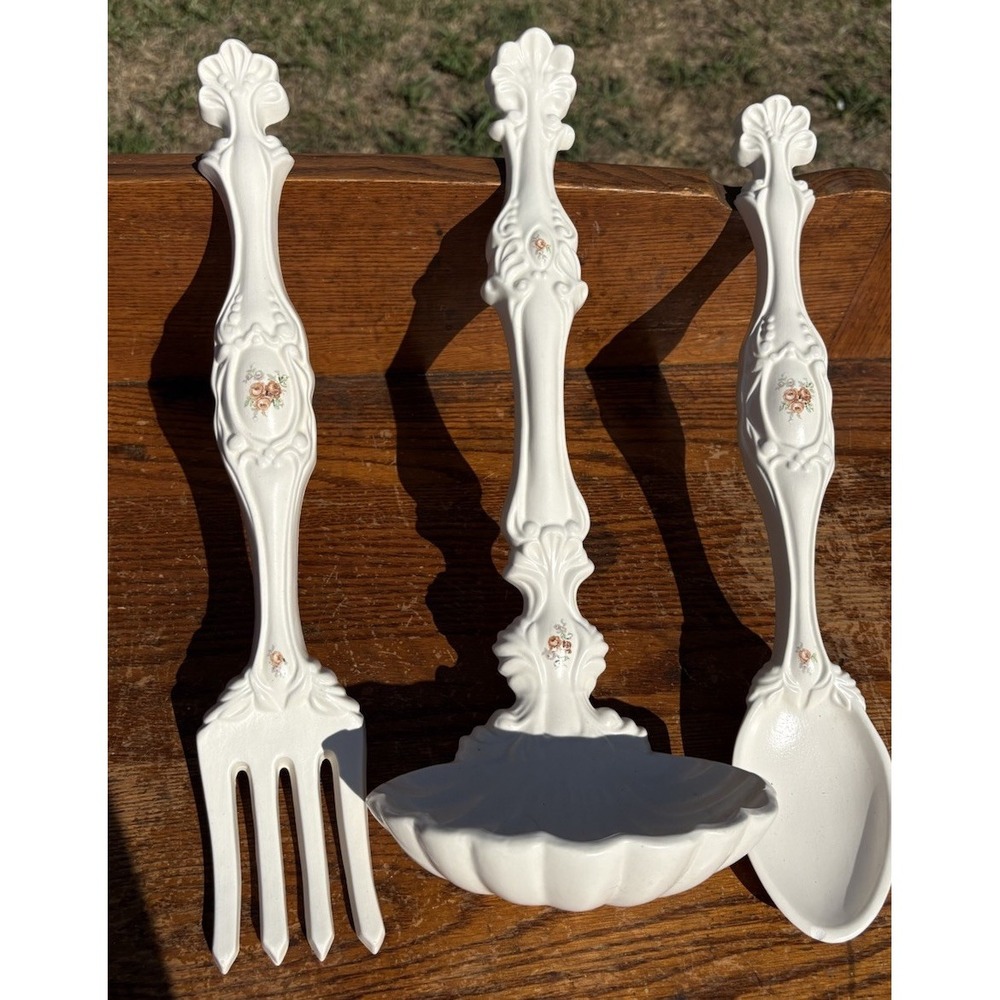 Vintage Arnel's Fork Spoon Ladle White Floral Wall Art Cottagecore Country 16"
